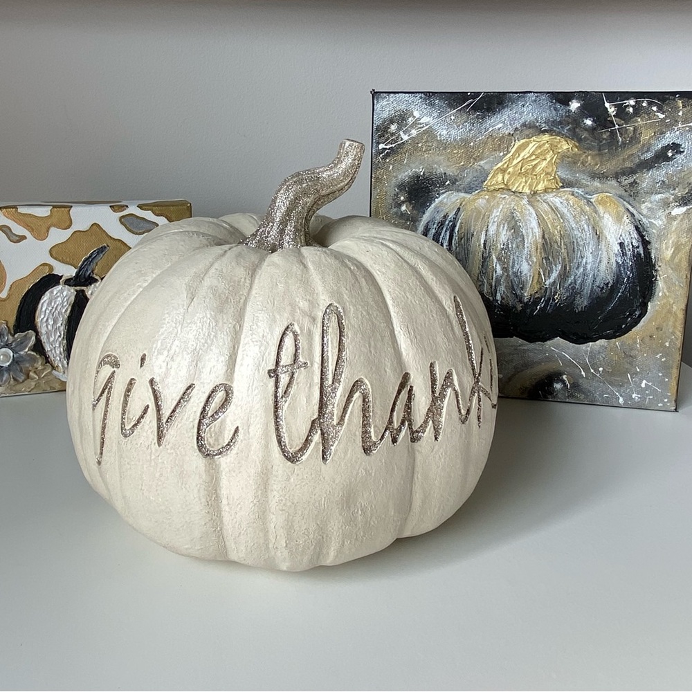 Decorative Cream Pumpkin with 'Give Thanks' Inscription